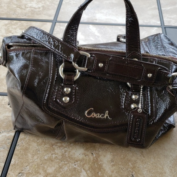 Coach ASHLEY Dark Brown Crinkle Patent Leather Sat